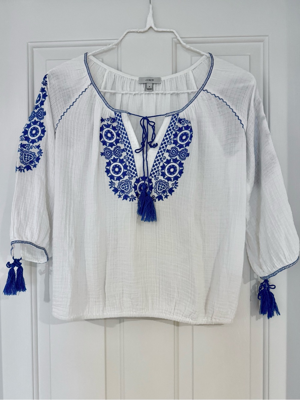 J. Crew White Gauze Peasant Blouse with Blue Embroidery